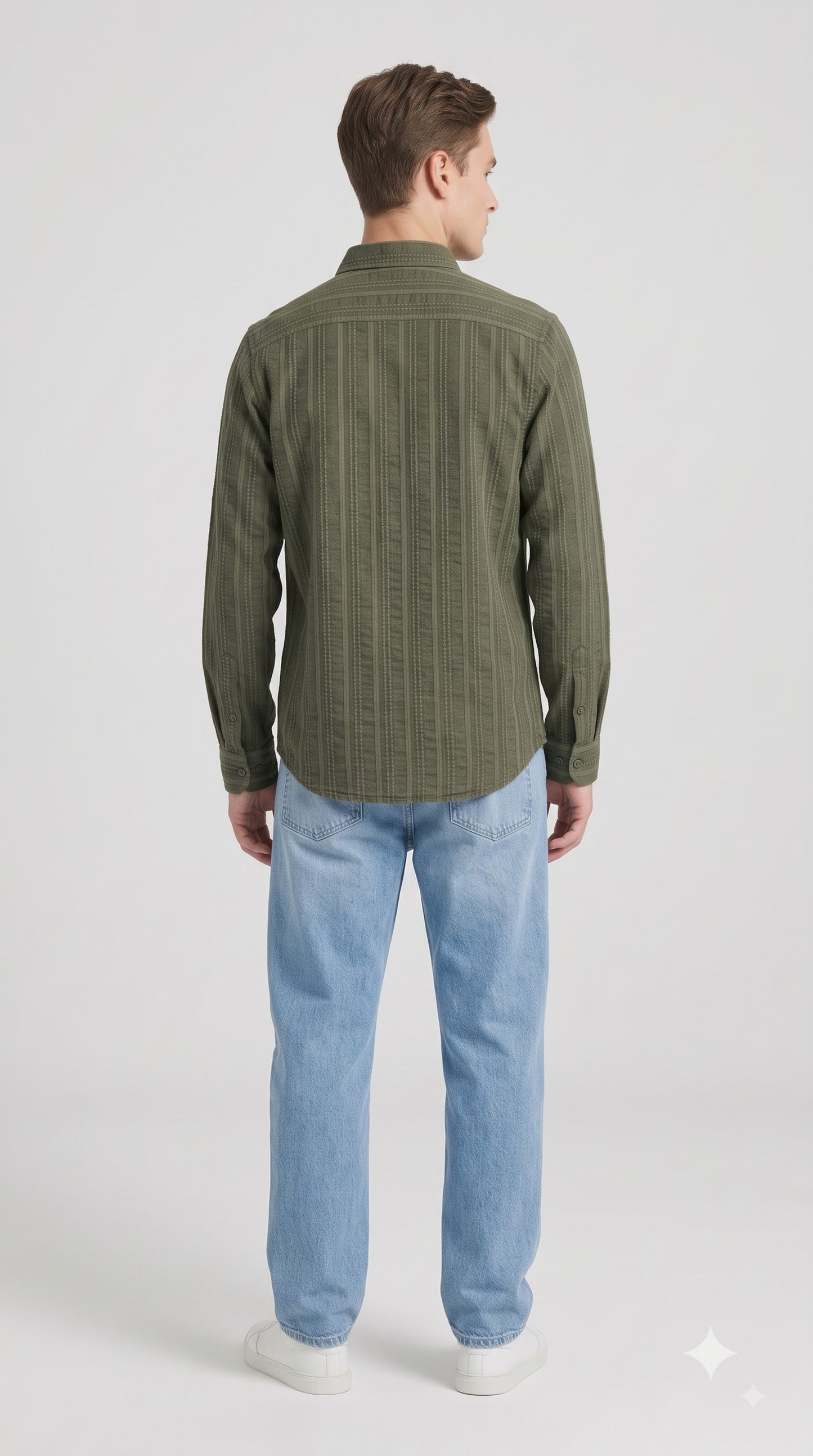 Olive Green Embroidered Stripe Regular Fit Shirt