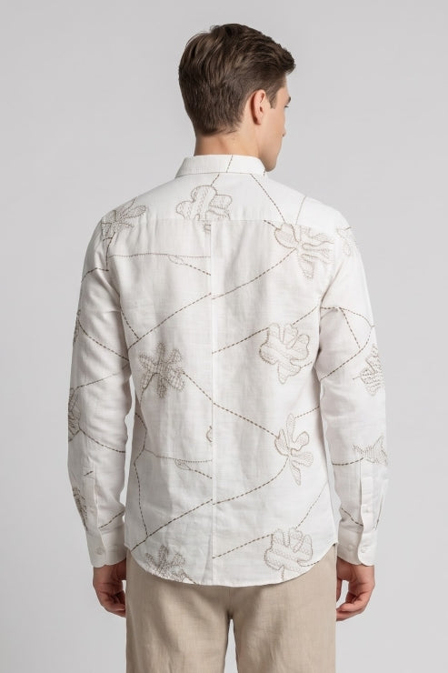 Abstract Design Embroidered Linen Shirt