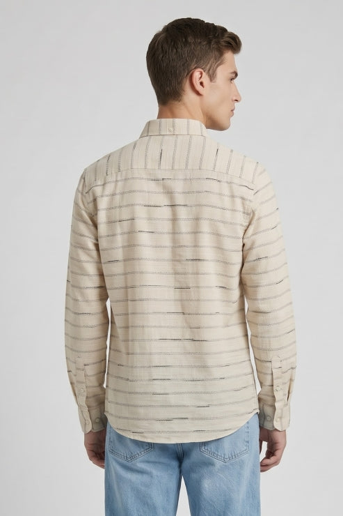 Beige Horizontal Stripe Oxford Shirt