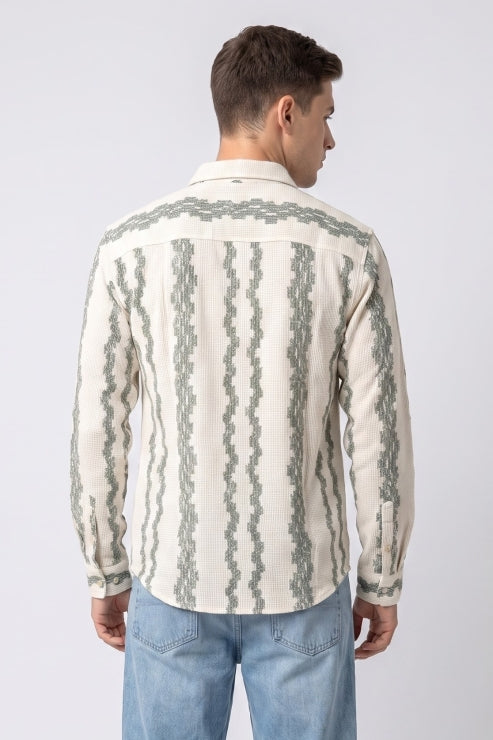 Green Embroidered Stripe Jute Regular Fit Shirt