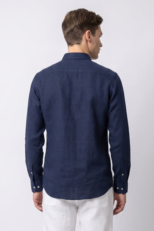 Navy Blue Linen Regular Fit Shirt