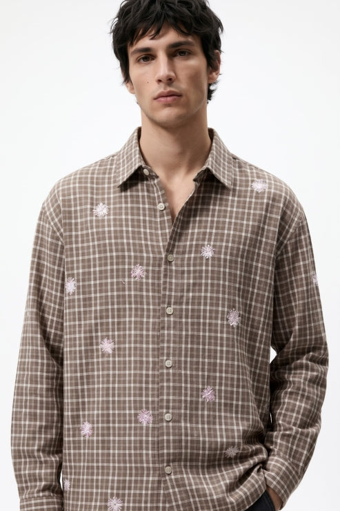 Heavy Fabric Boxy Fit Check Shirt - Taupe Brown