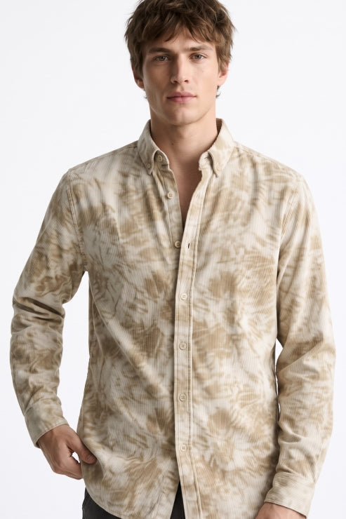 Beige Abstract Print Corduroy Shirt