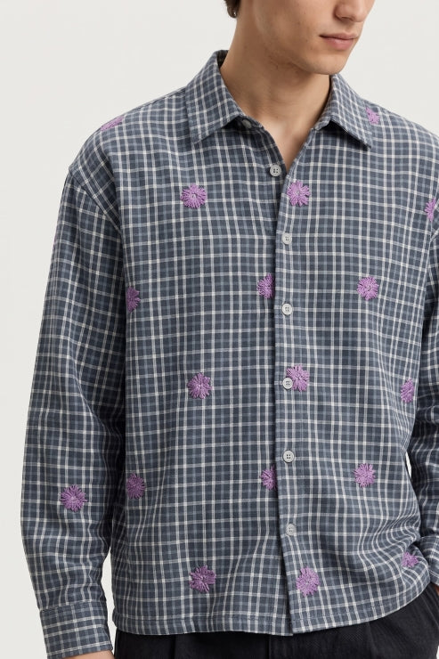 Heavy Fabric Boxy Fit Check Shirt - Slate Blue