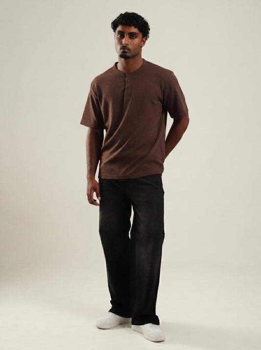 Henley Brown Half  sleeve loose comfort fit Tee