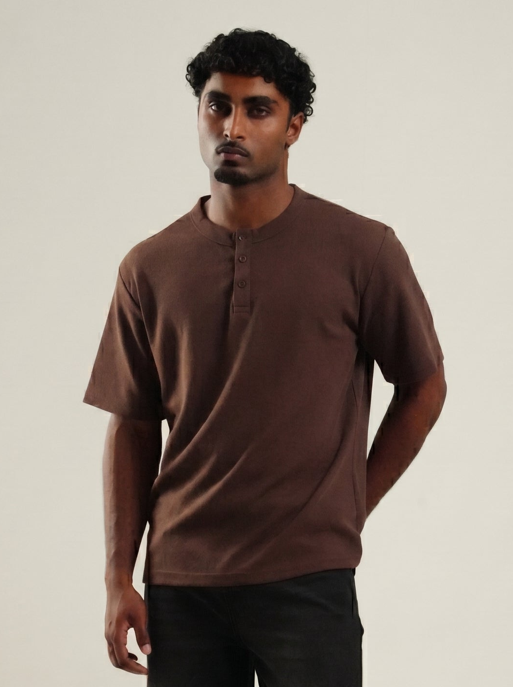 Henley Brown Half Sleeve Loose Comfort Fit Tee