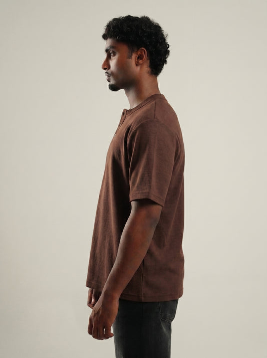Henley Brown Half  sleeve loose comfort fit Tee