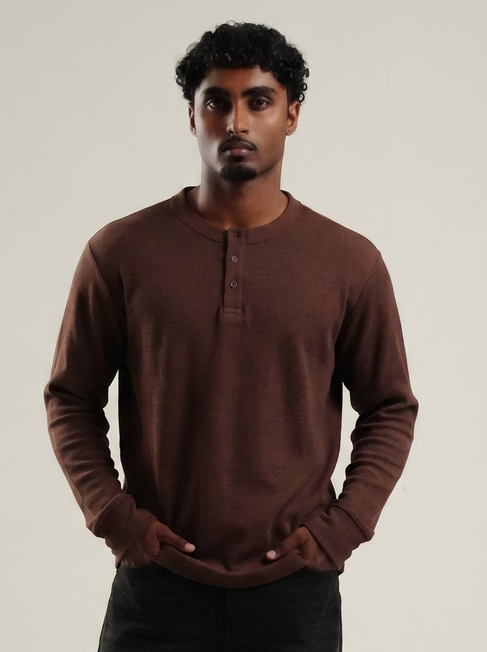 Henley Brown Full Sleeve Loose Comfort Fit Tee