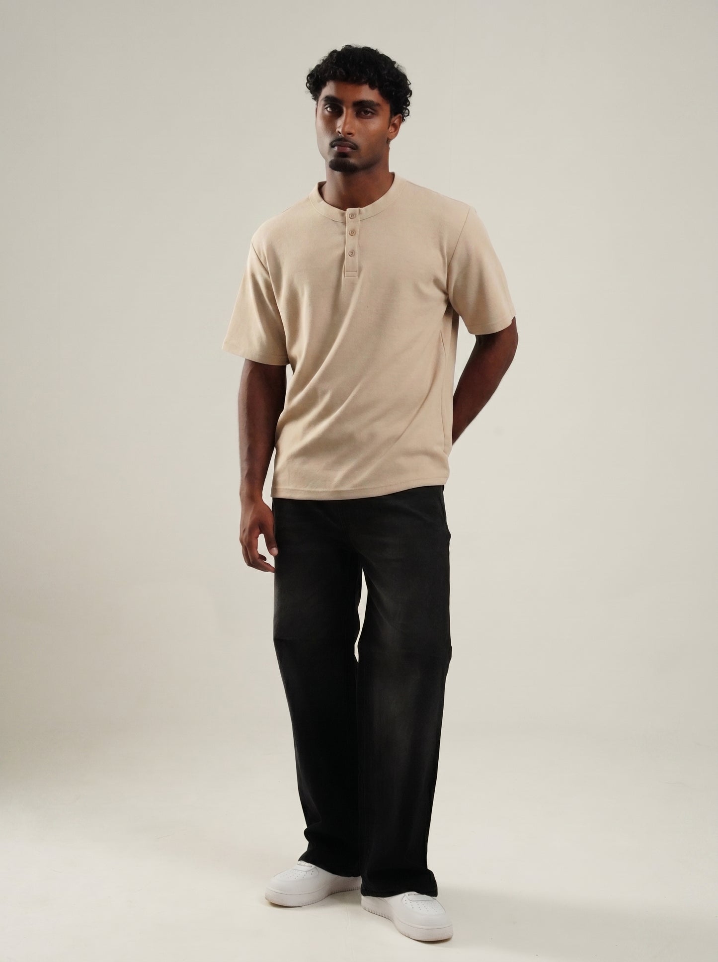 Henley Beige half  sleeve loose comfort fit Tee