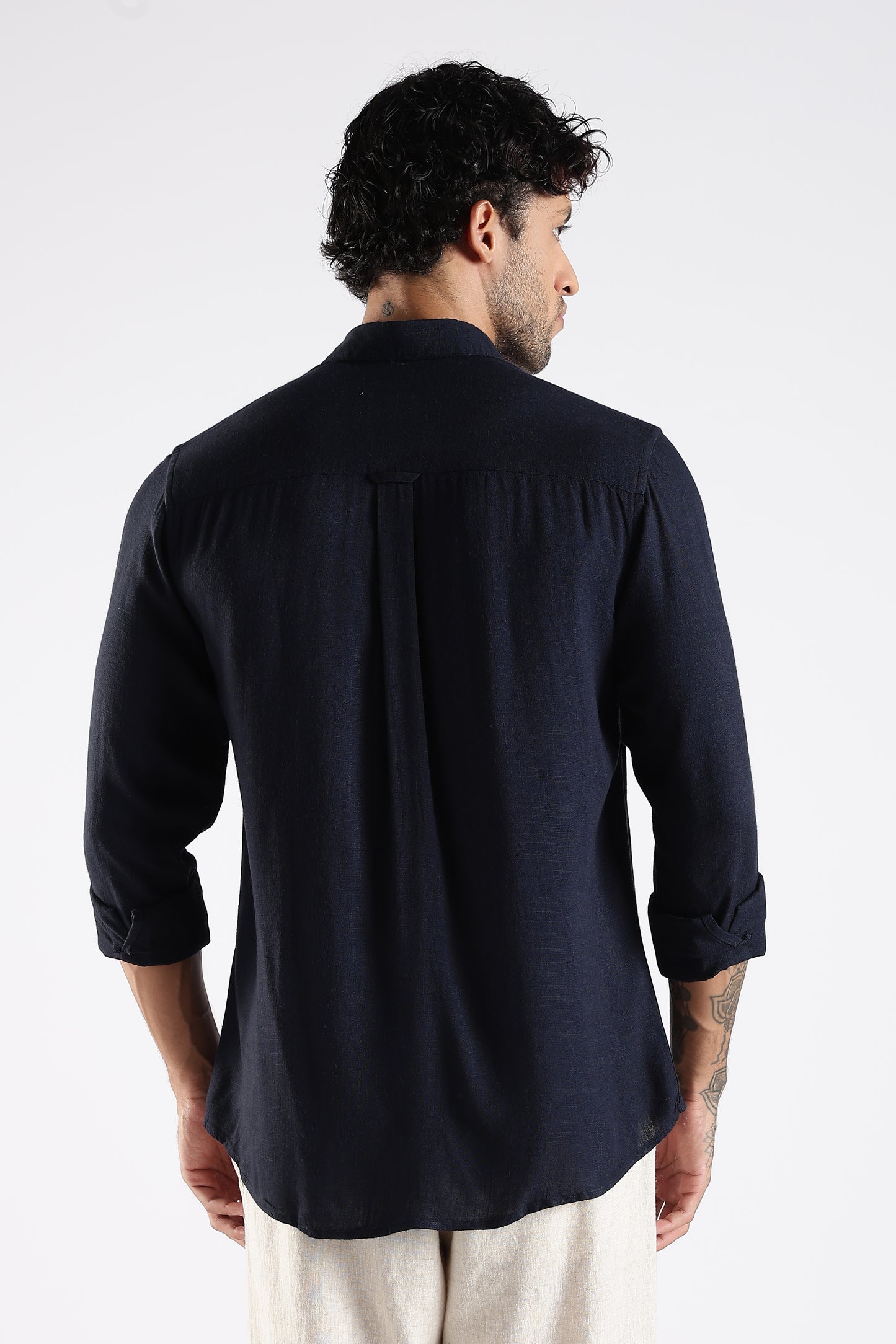 Regular Fit Embroidery Linen Blend  Dark Navy Blue Designer Shirt