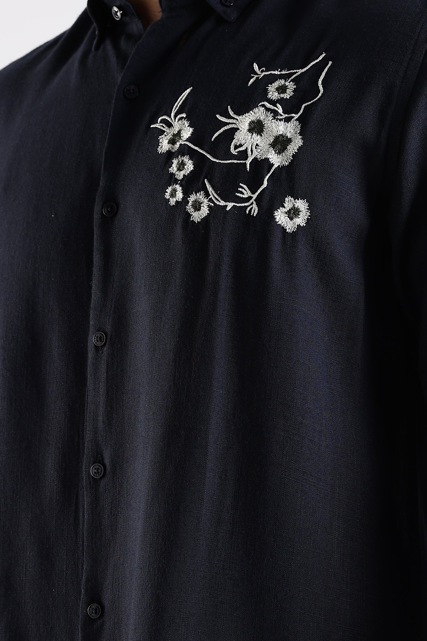 Regular Fit Embroidery Linen Blend  Dark Navy Blue Designer Shirt