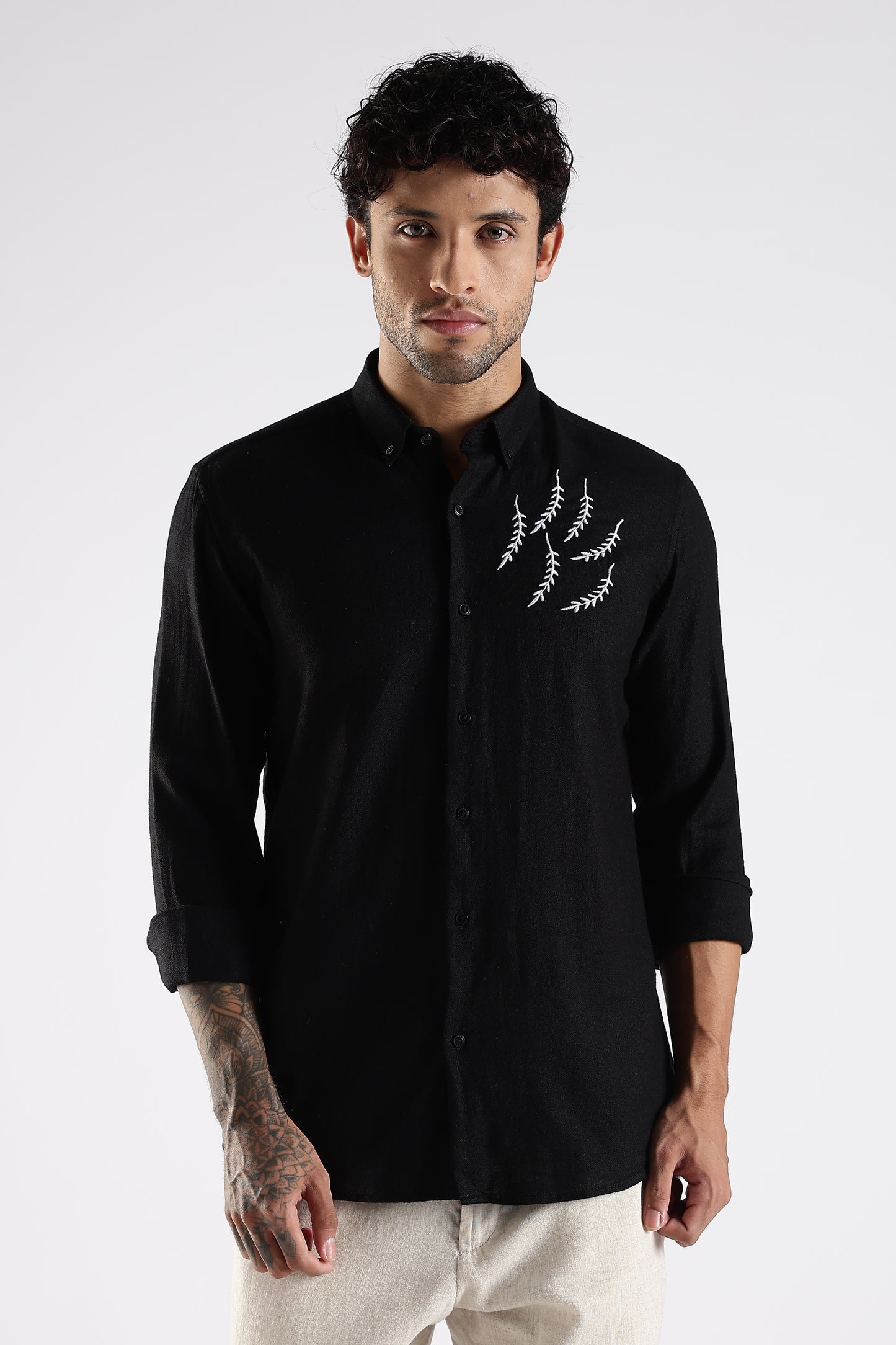 Regular Fit Embroidery Linen Blend Designer Black Shirt