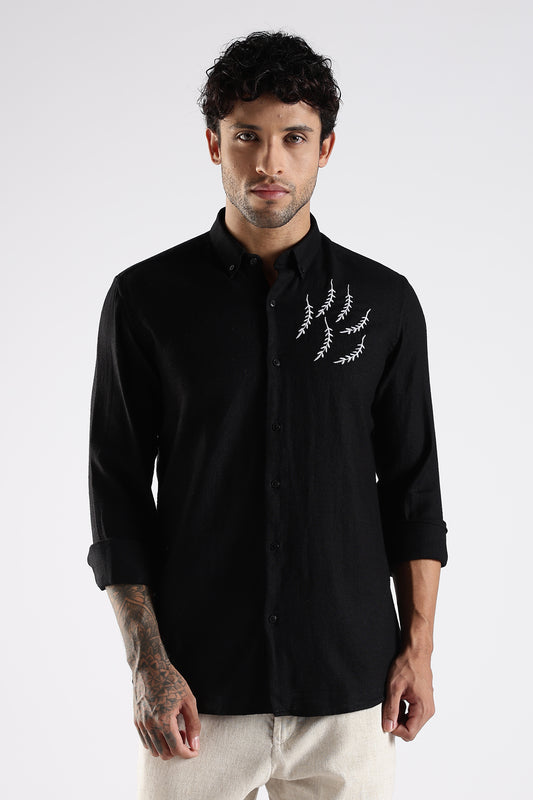 Regular Fit Embroidery Linen Blend Designer Black Shirt