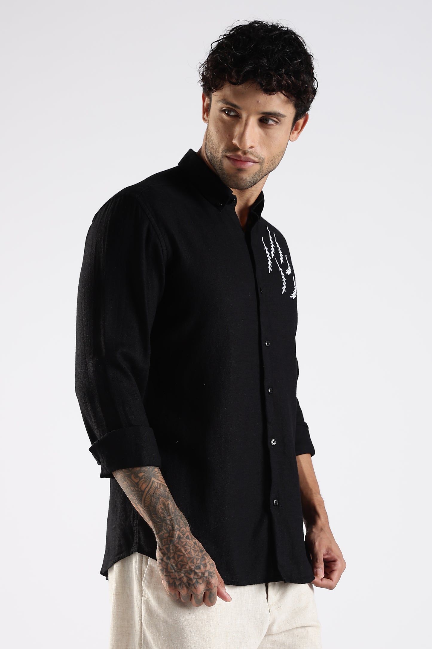 Regular Fit Embroidery Linen Blend Designer Black Shirt