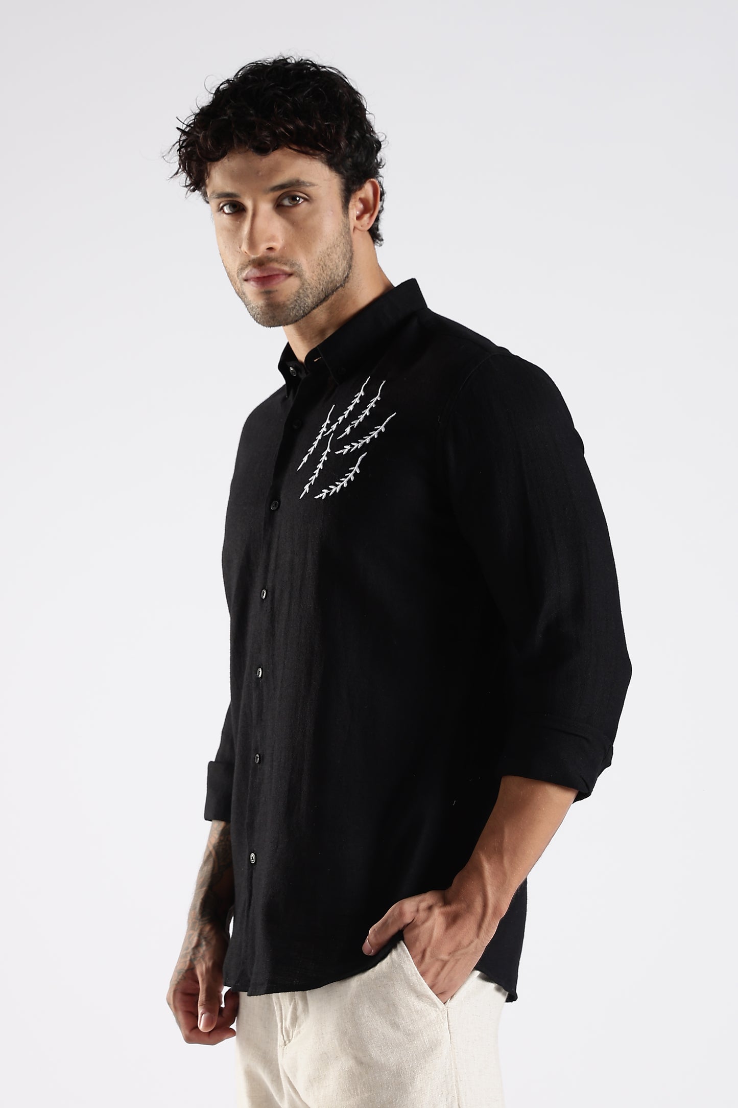 Regular Fit Embroidery Linen Blend Designer Black Shirt