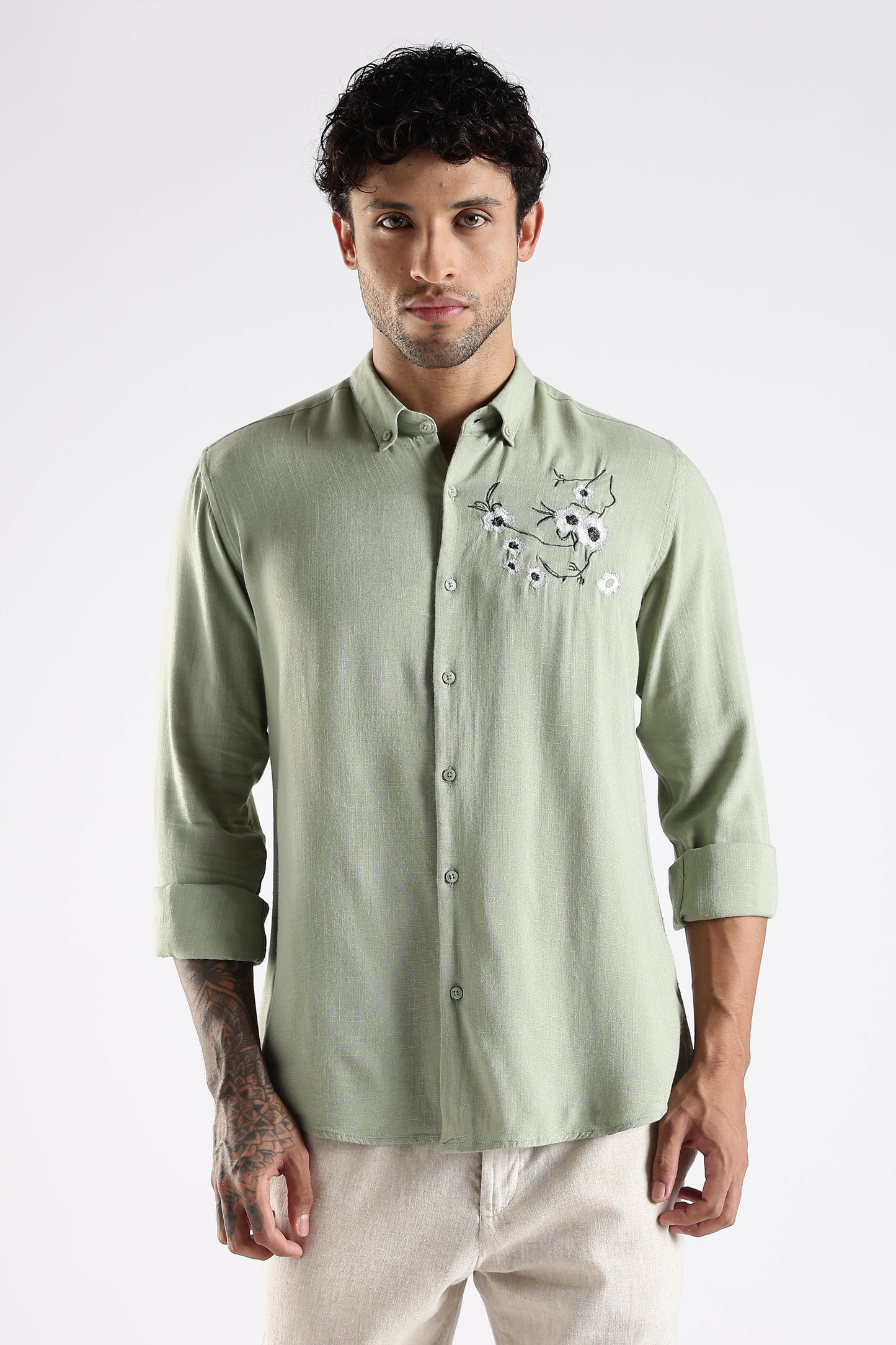 Regular Fit Embroidery Linen Blend Designer Light Green Shirt