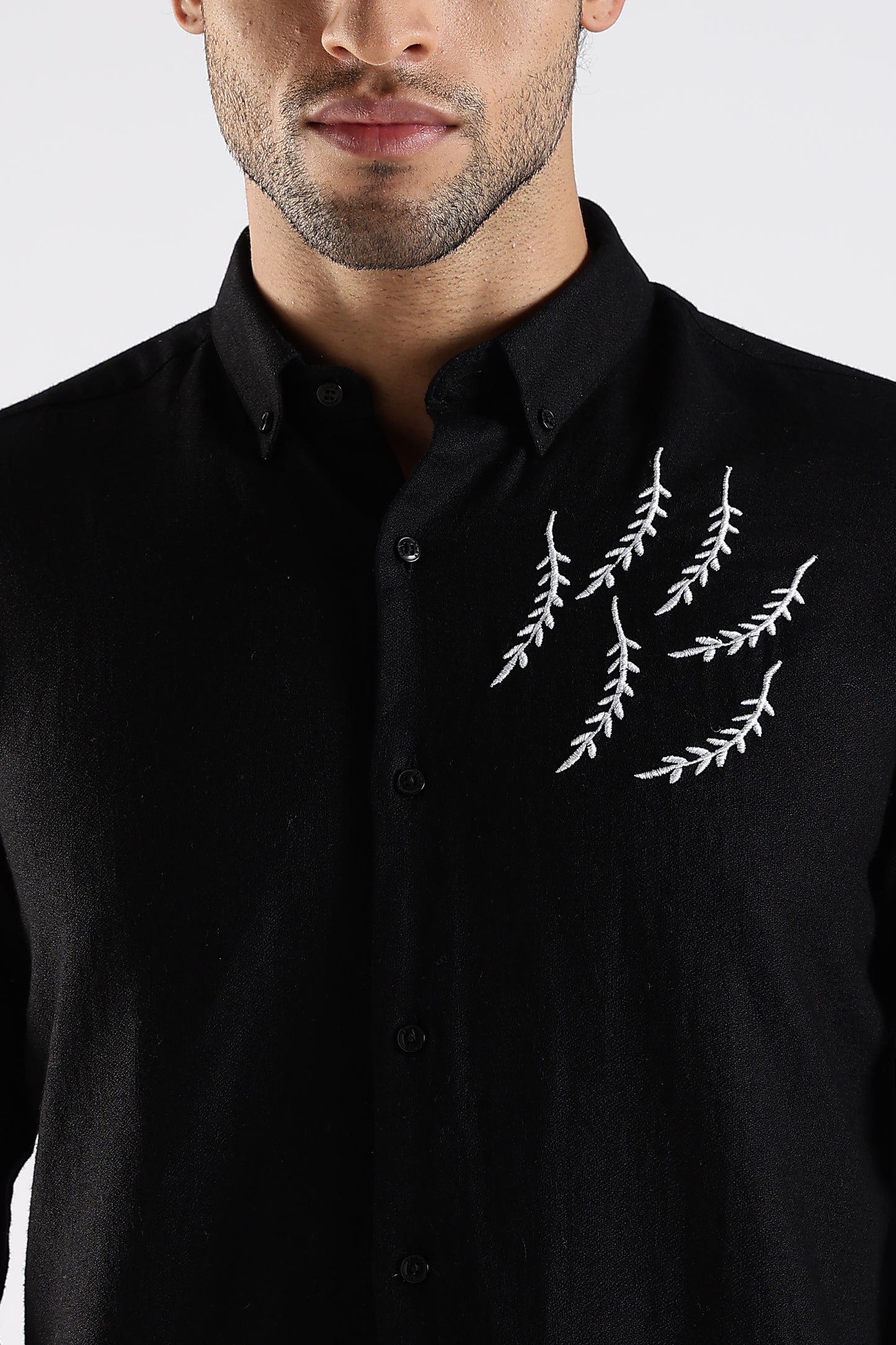 Regular Fit Embroidery Linen Blend Designer Black Shirt