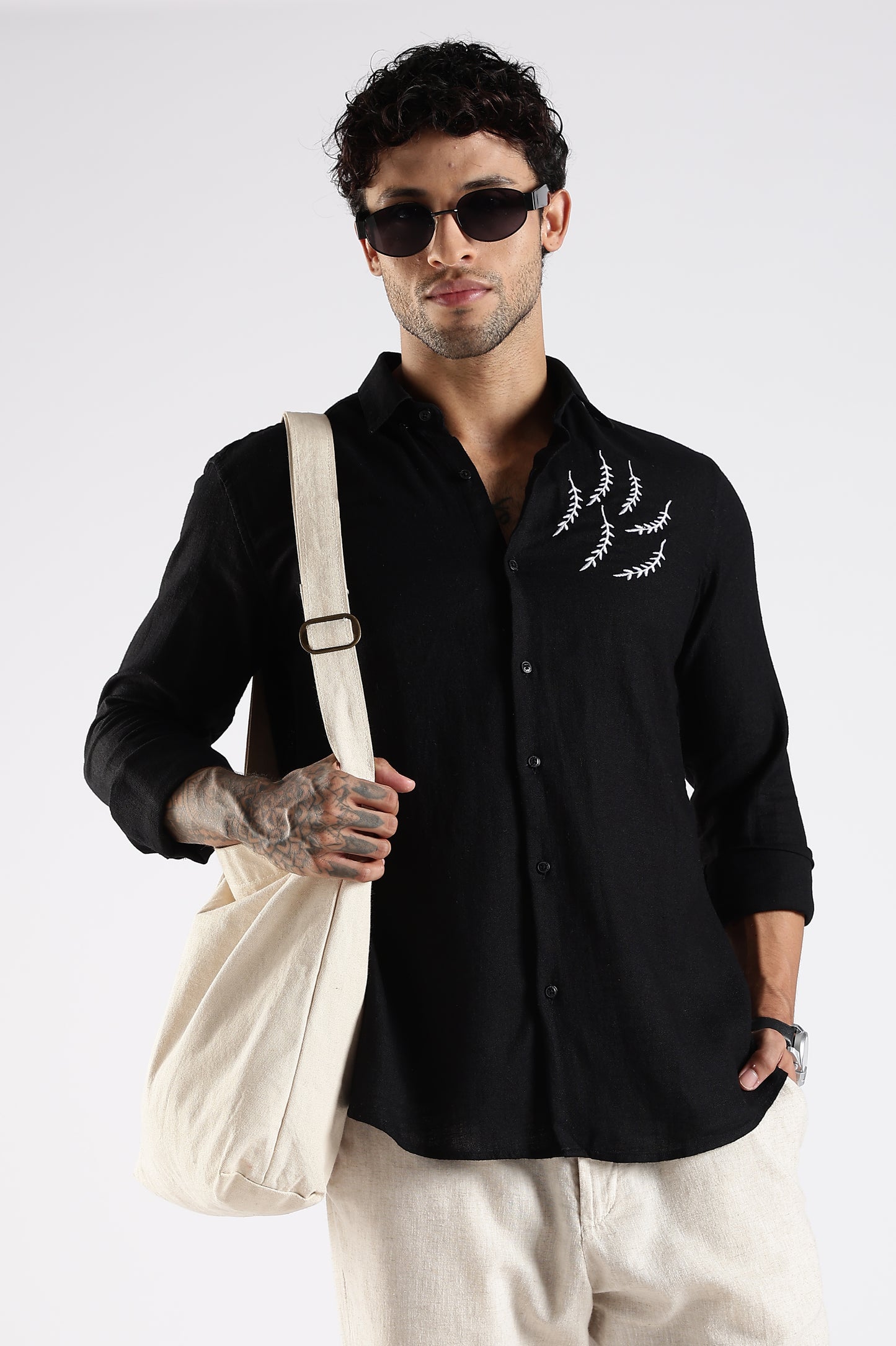Regular Fit Embroidery Linen Blend Designer Black Shirt