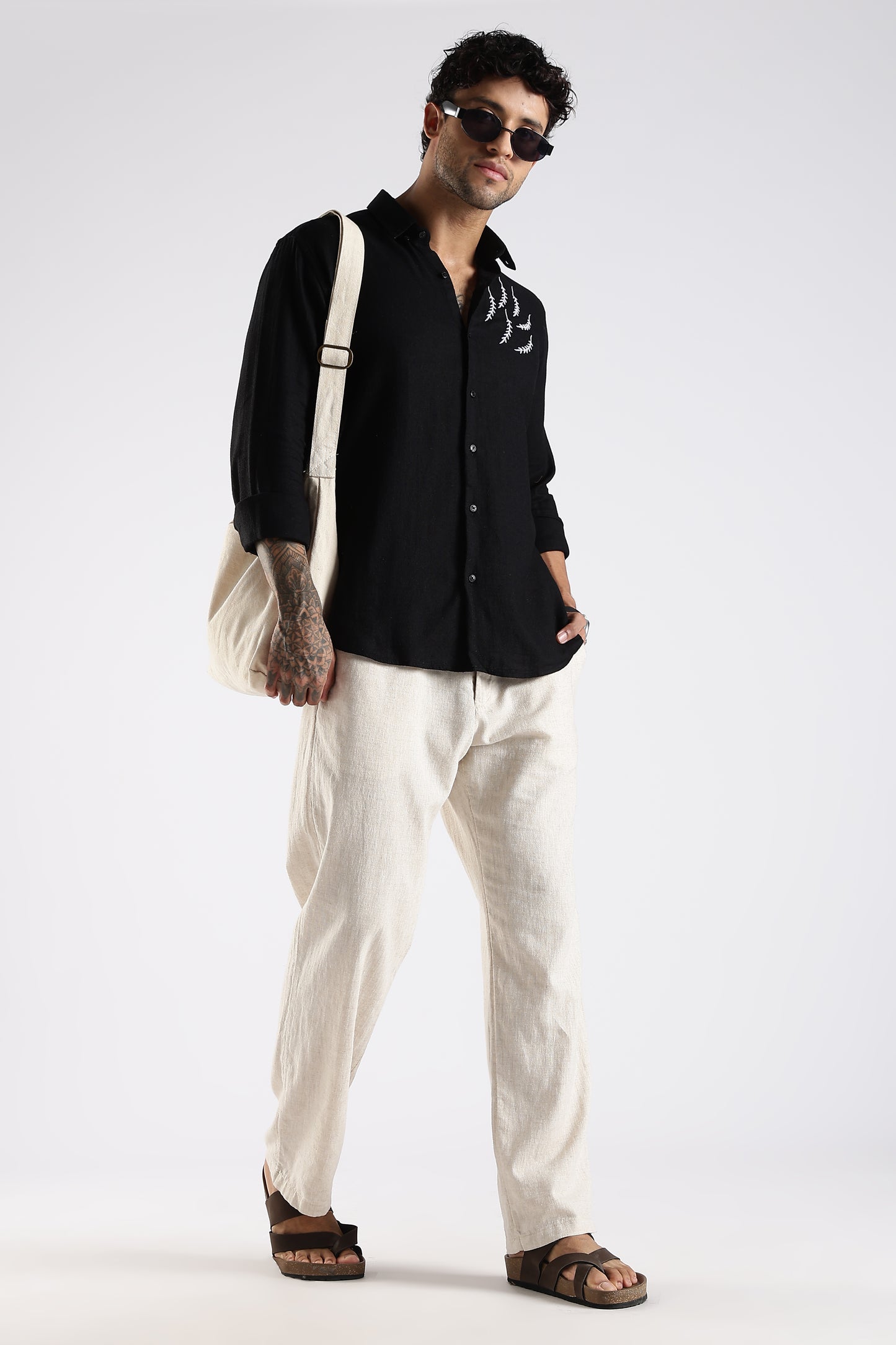 Regular Fit Embroidery Linen Blend Designer Black Shirt