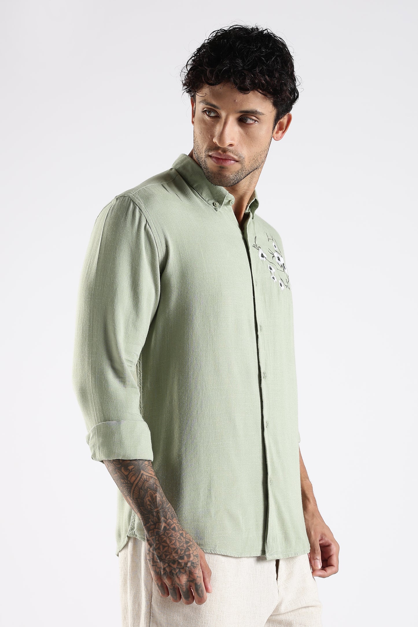 Regular Fit Embroidery Linen Blend Designer Light Green Shirt