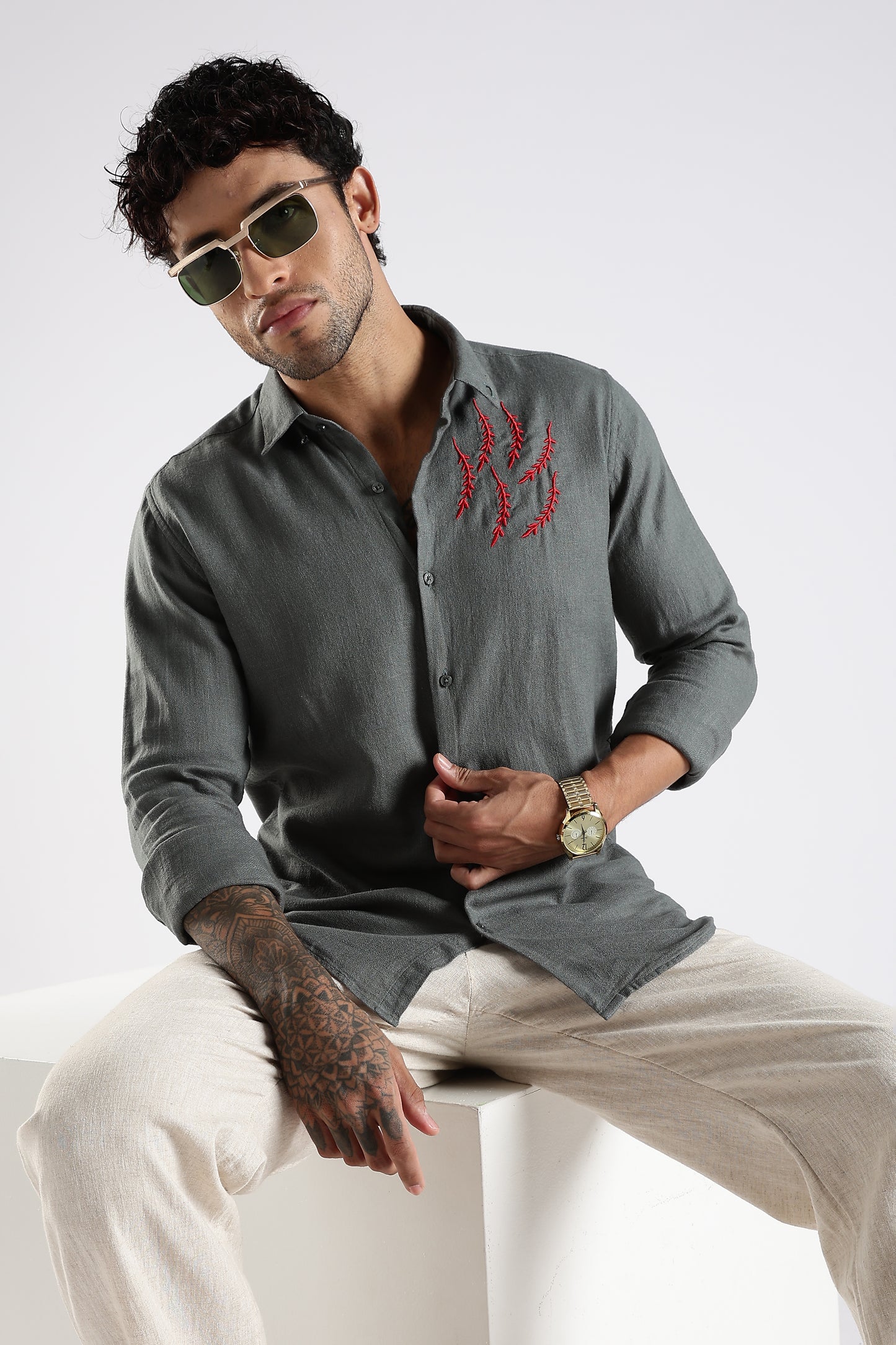 Regular Fit Embroidery Linen Blend Designer Gray Shirt
