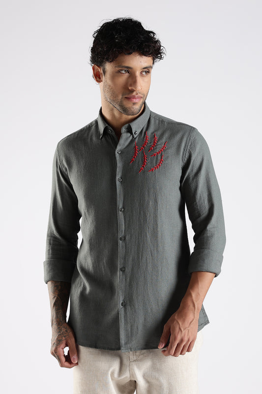 Regular Fit Embroidery Linen Blend Designer Gray Shirt