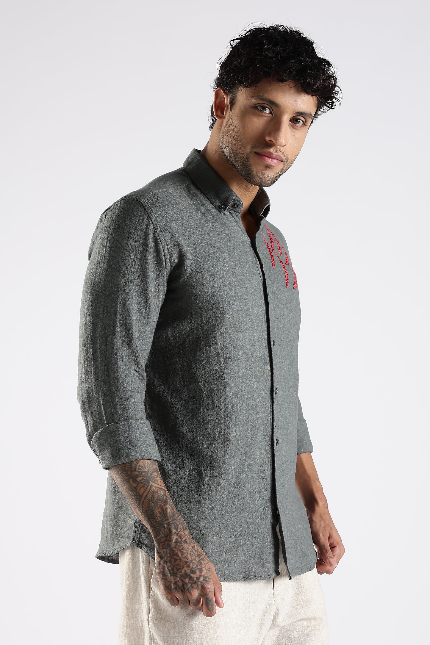 Regular Fit Embroidery Linen Blend Designer Gray Shirt