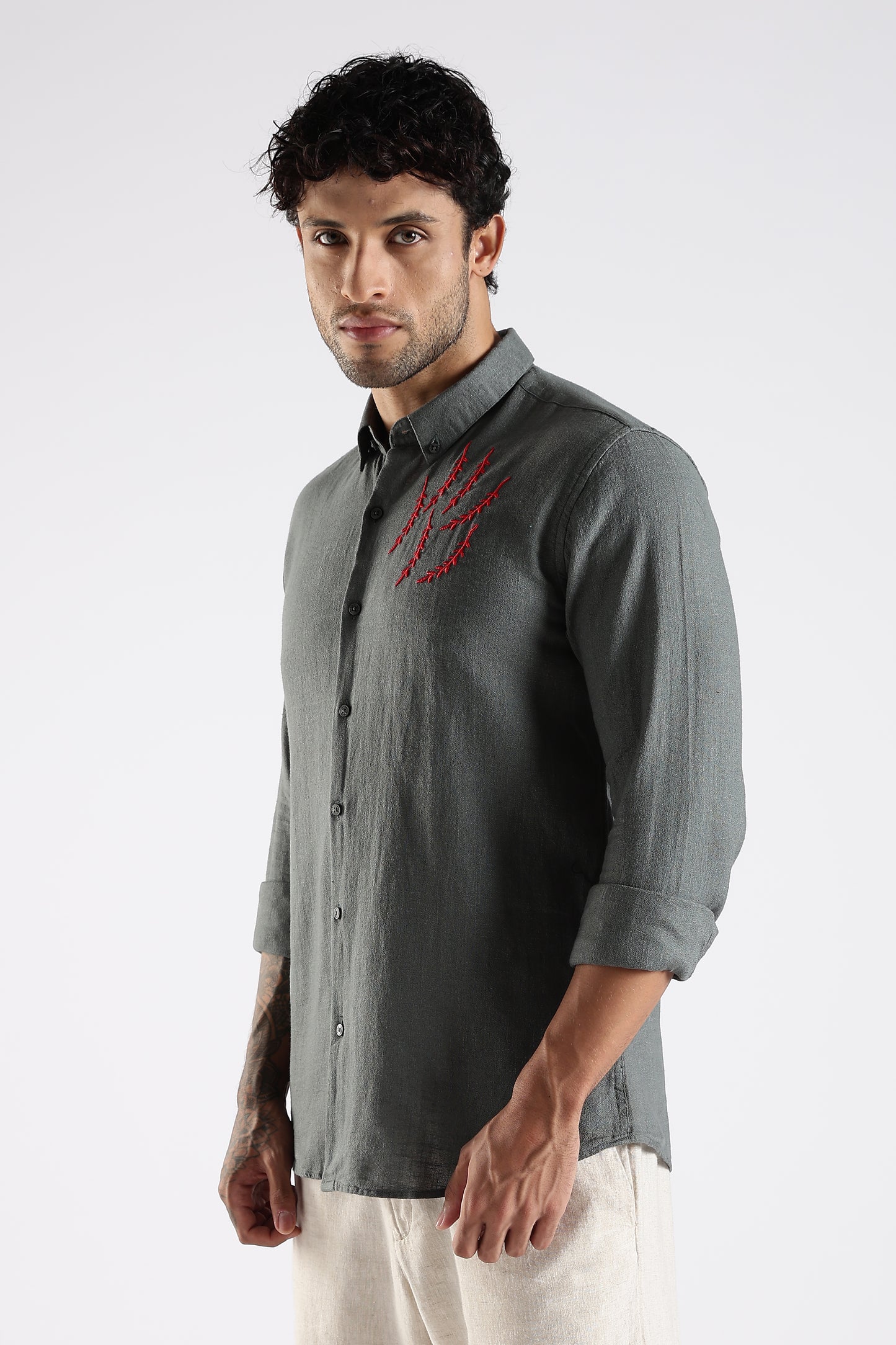 Regular Fit Embroidery Linen Blend Designer Gray Shirt
