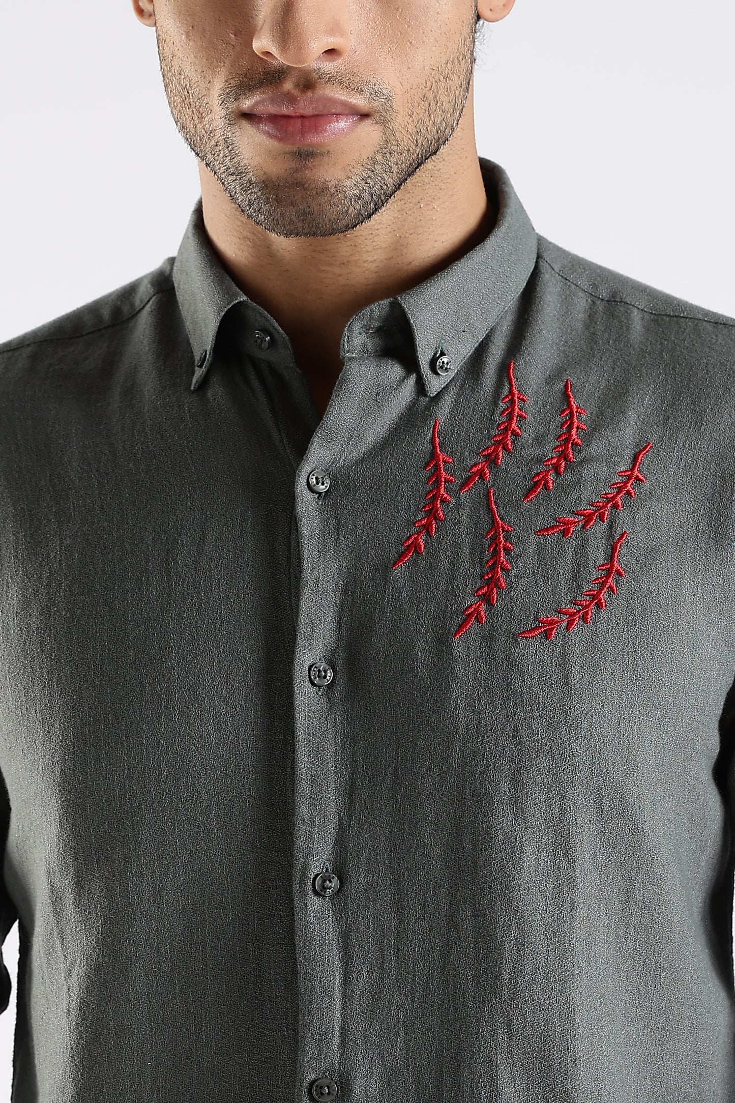 Regular Fit Embroidery Linen Blend Designer Gray Shirt