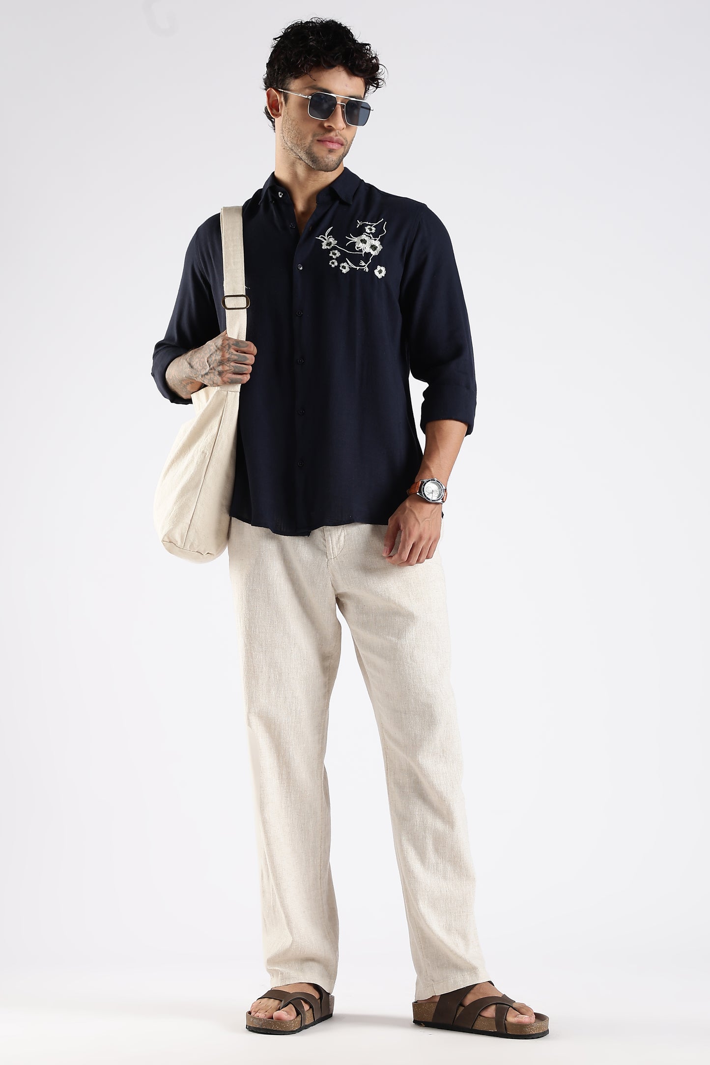 Regular Fit Embroidery Linen Blend  Dark Navy Blue Designer Shirt