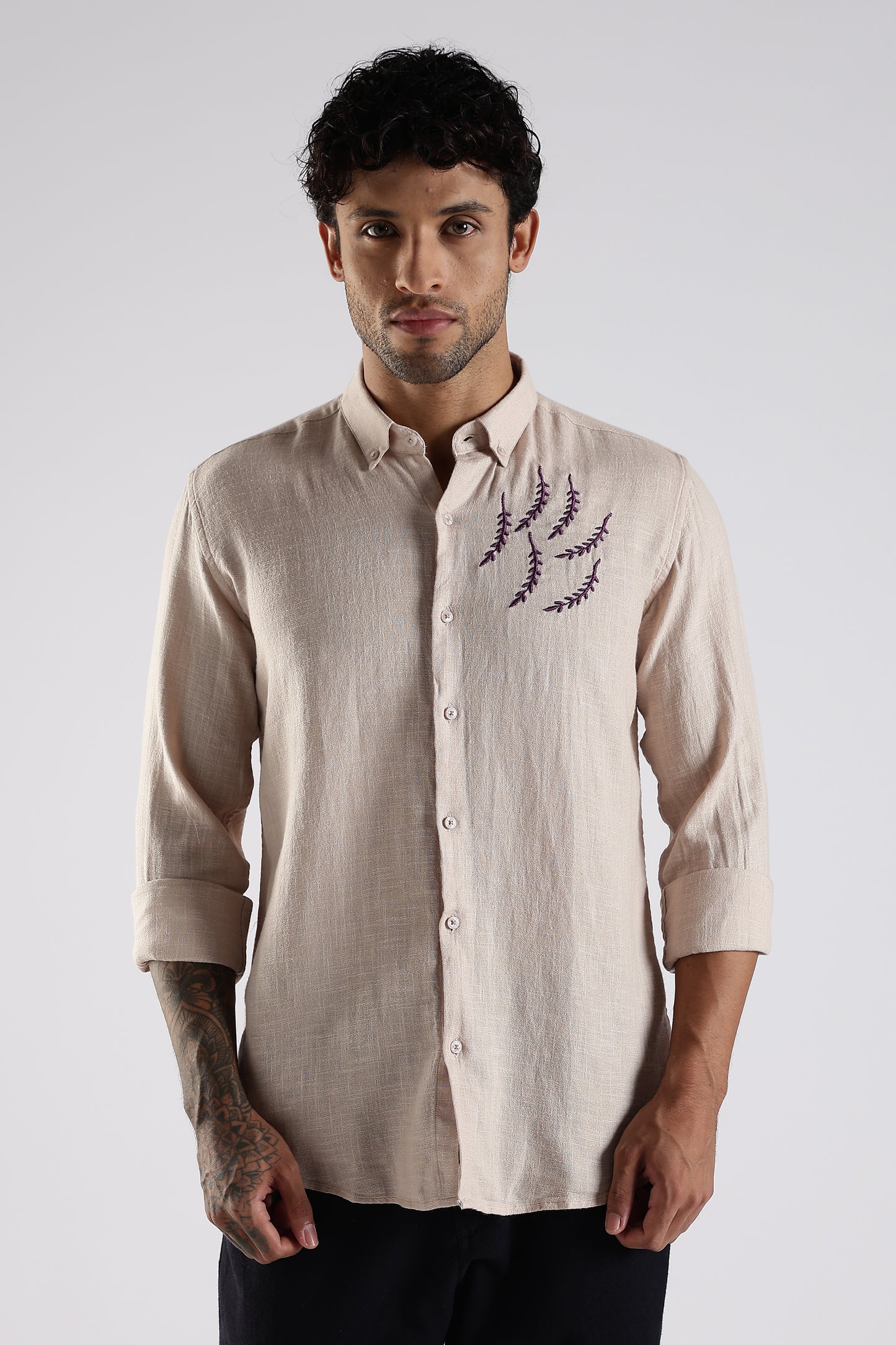 Regular Fit Embroidery Linen Blend Designer Beige Shirt