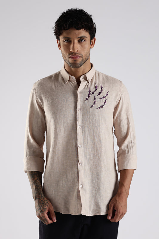 Regular Fit Embroidery Linen Blend Designer Beige Shirt