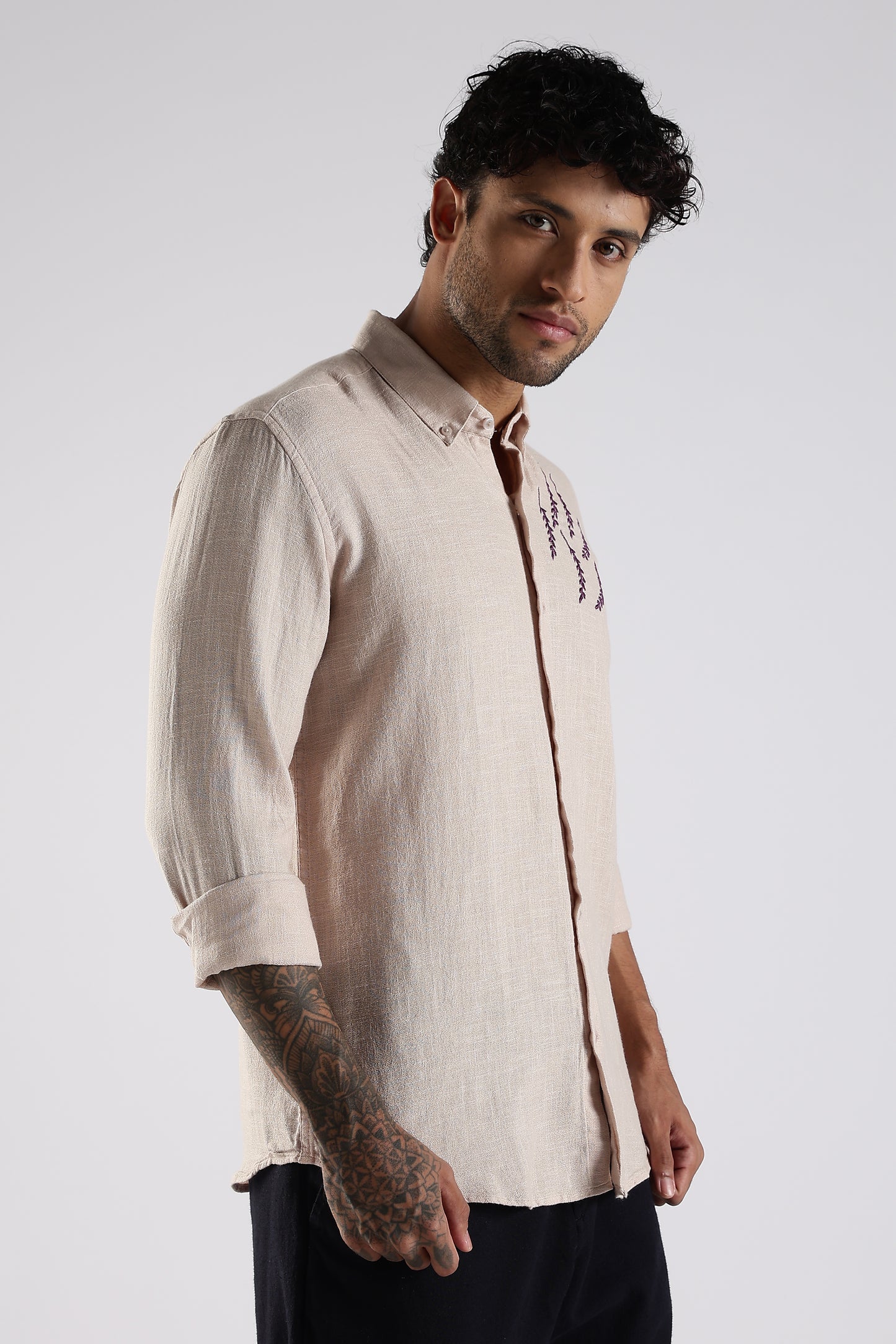 Regular Fit Embroidery Linen Blend Designer Beige Shirt