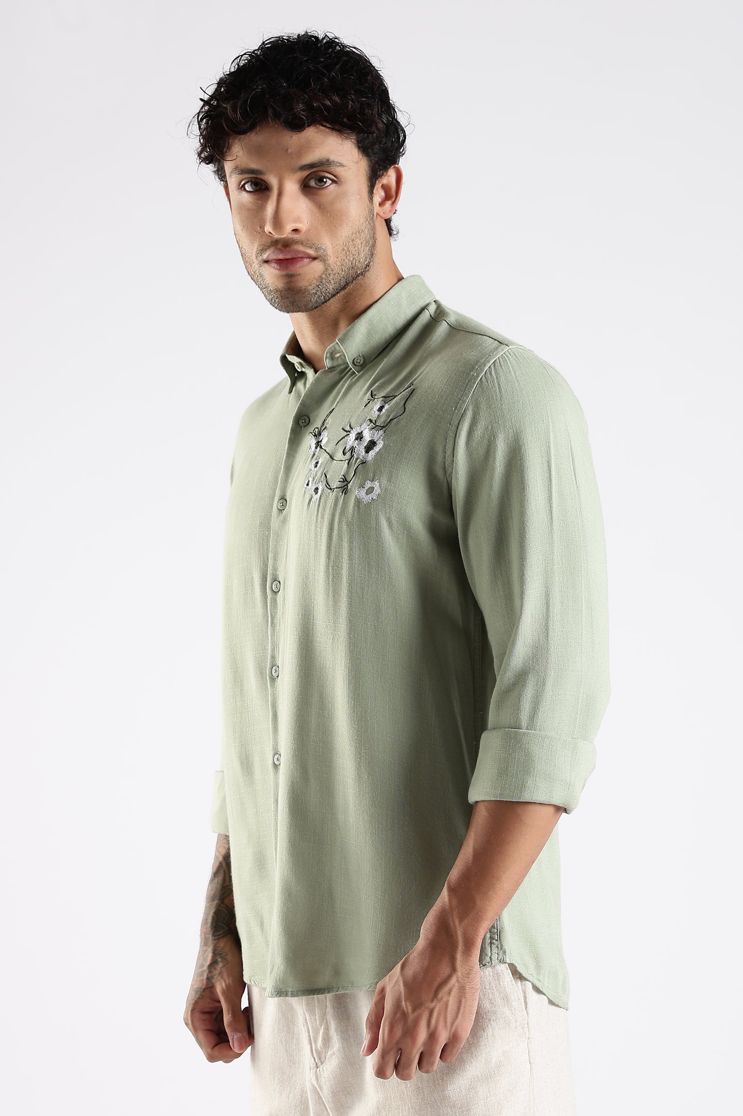 Regular Fit Embroidery Linen Blend Designer Light Green Shirt
