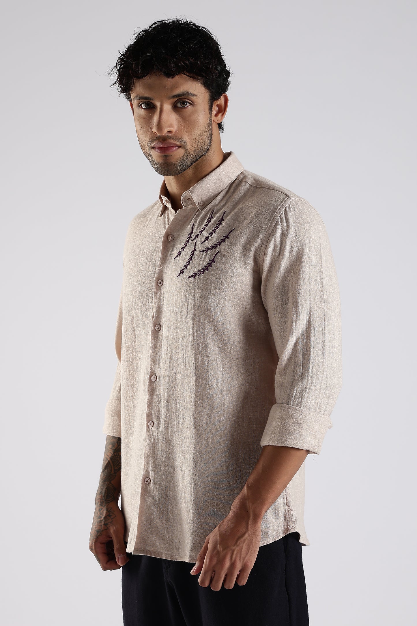 Regular Fit Embroidery Linen Blend Designer Beige Shirt