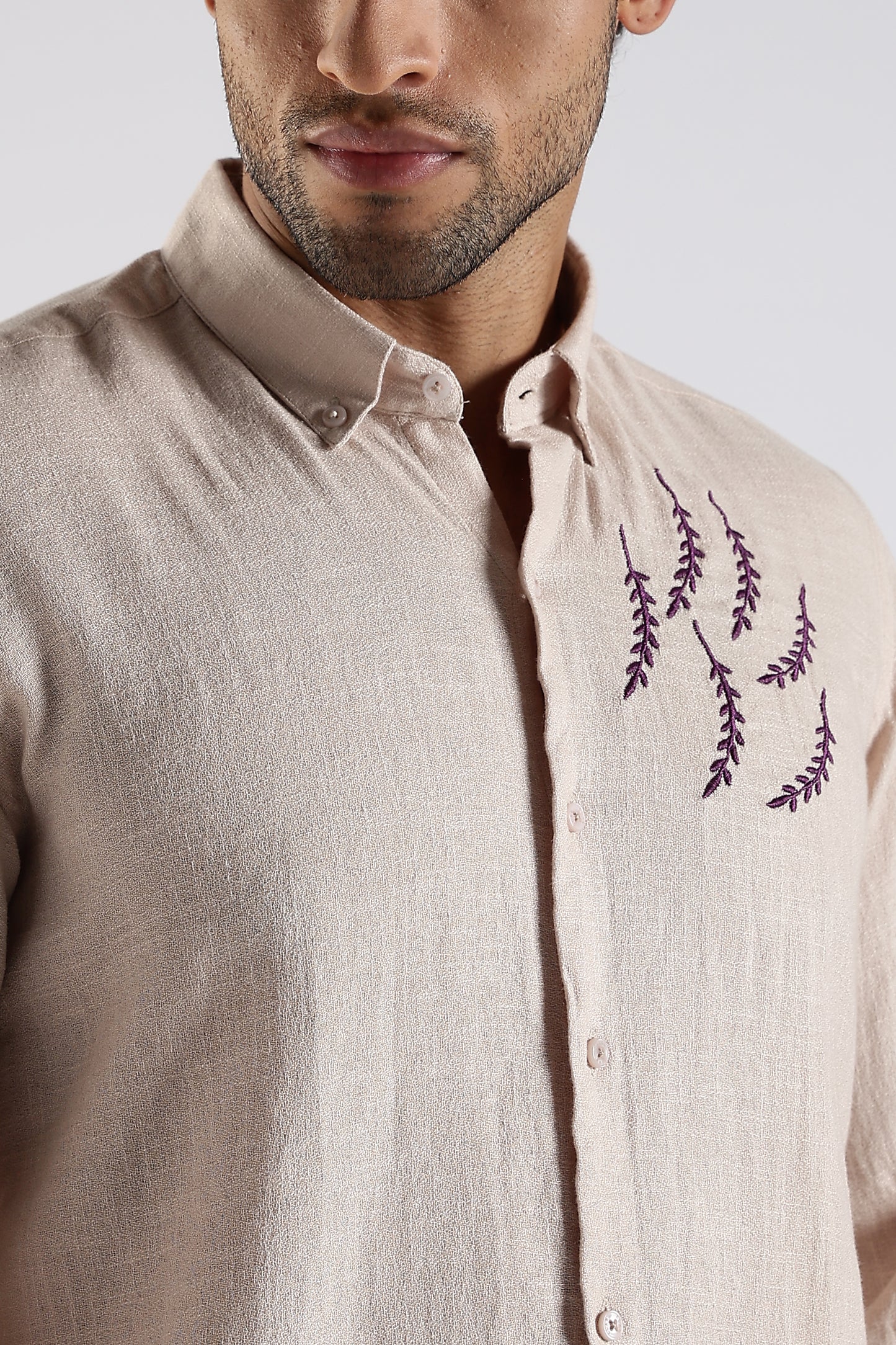 Regular Fit Embroidery Linen Blend Designer Beige Shirt