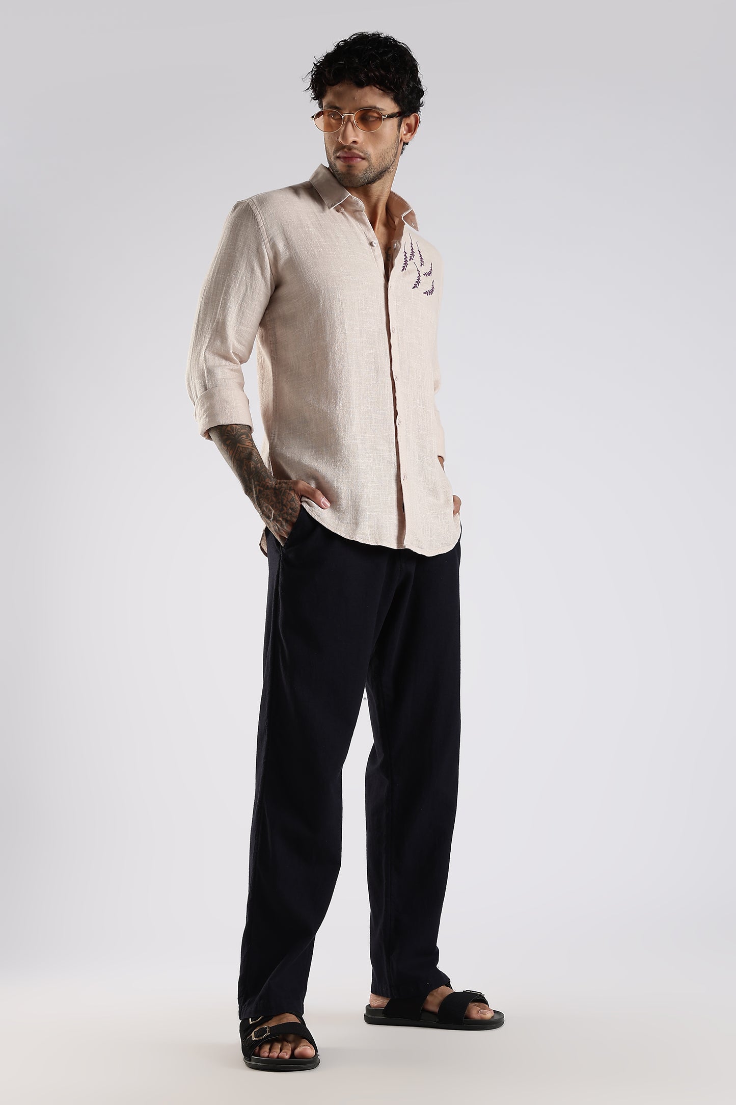 Regular Fit Embroidery Linen Blend Designer Beige Shirt