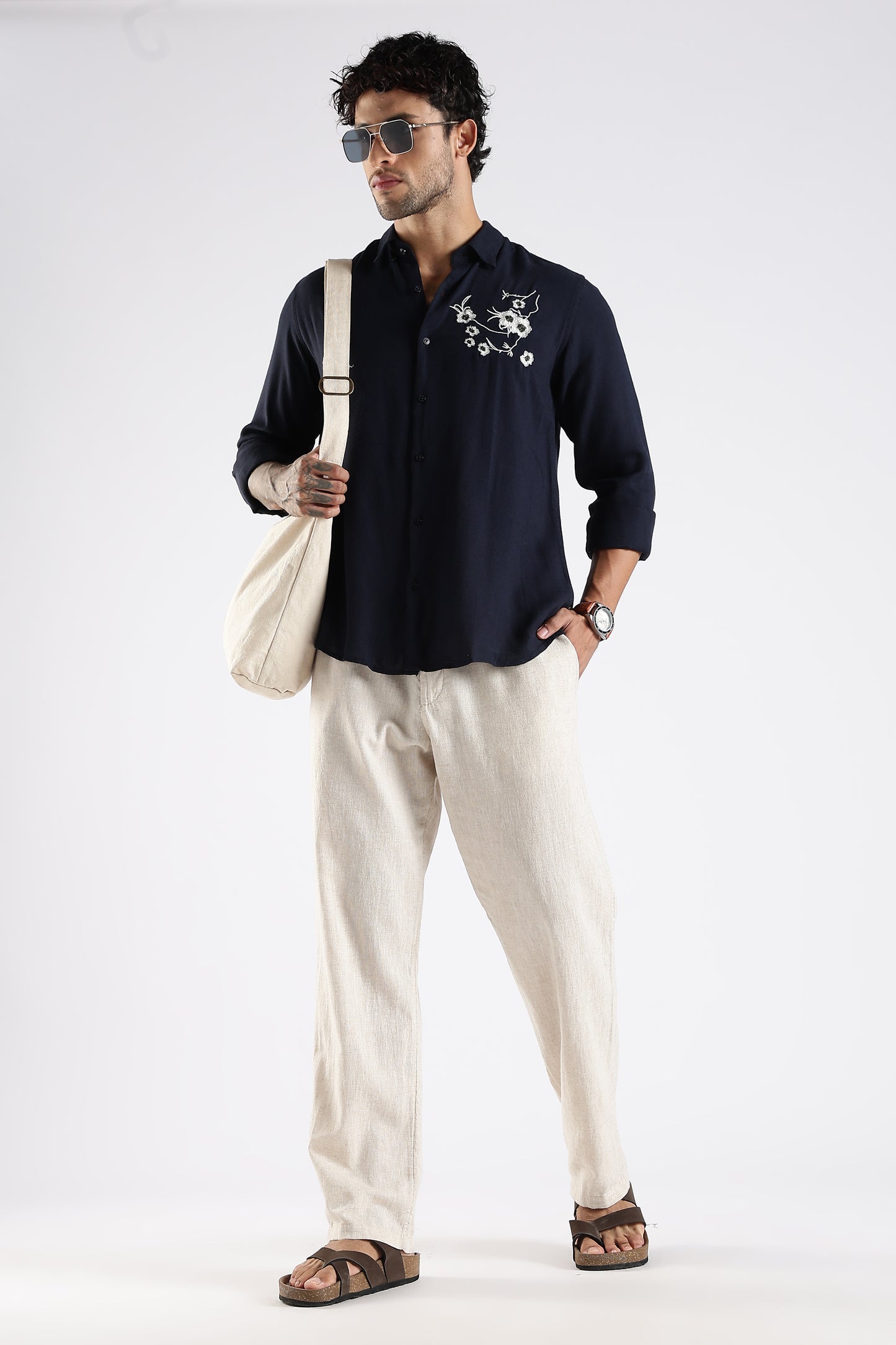 Regular Fit Embroidery Linen Blend  Dark Navy Blue Designer Shirt