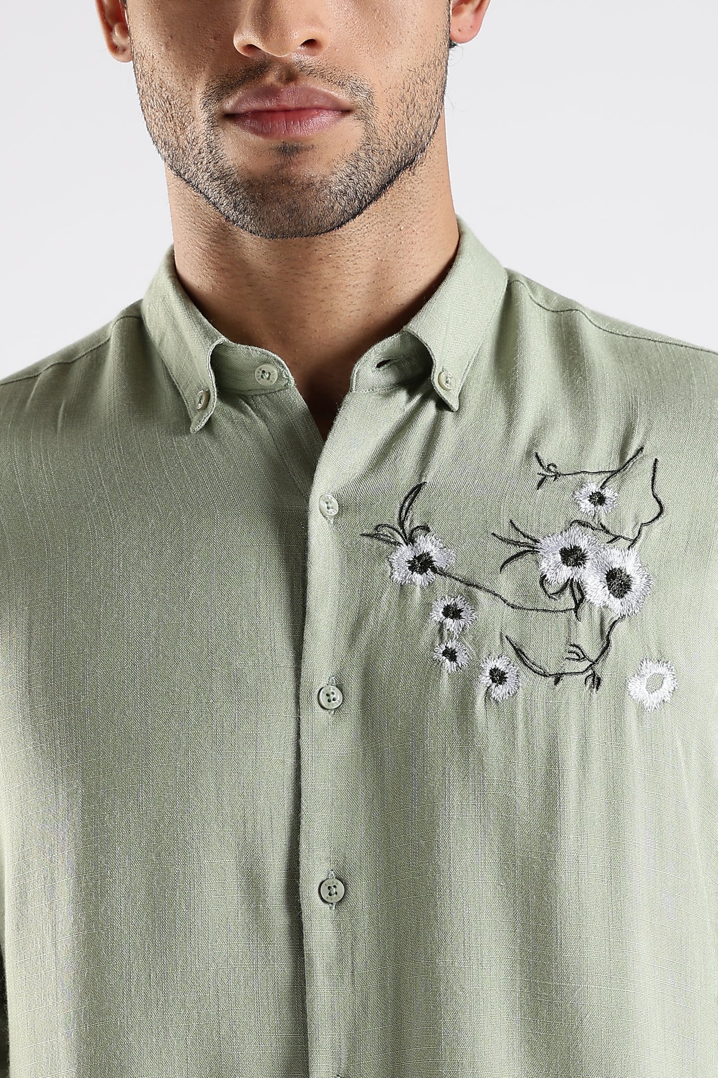 Regular Fit Embroidery Linen Blend Designer Light Green Shirt