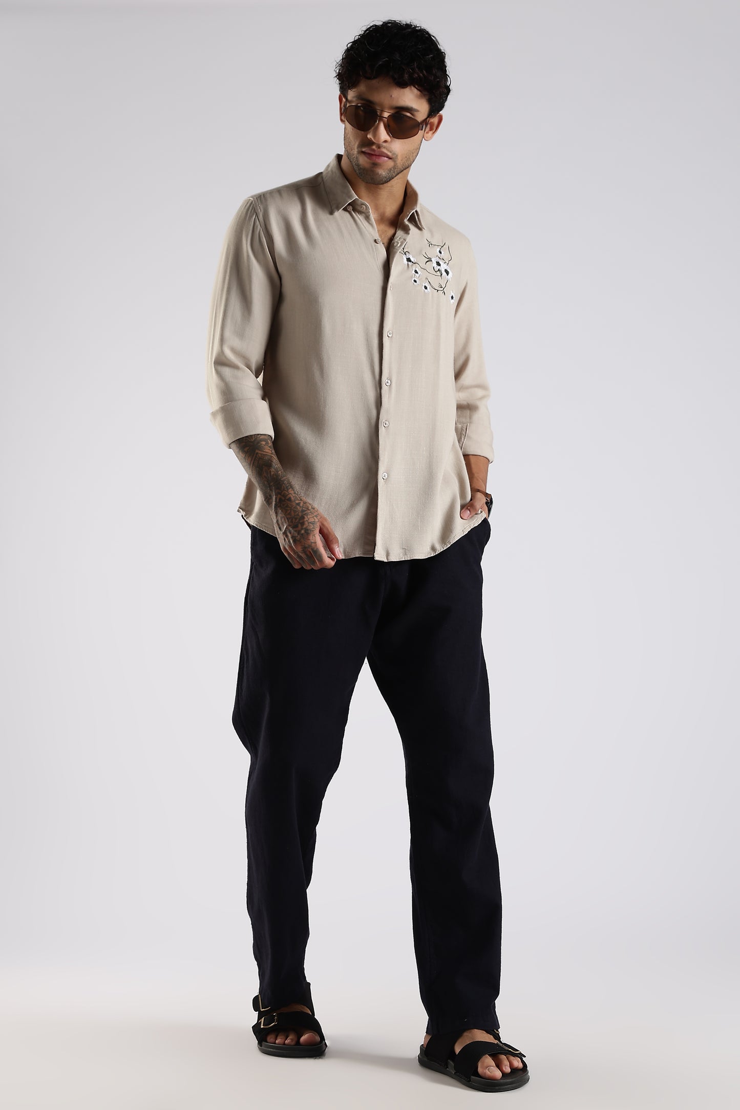 Regular Fit Embroidery Linen Blend Designer Light Beige Shirt