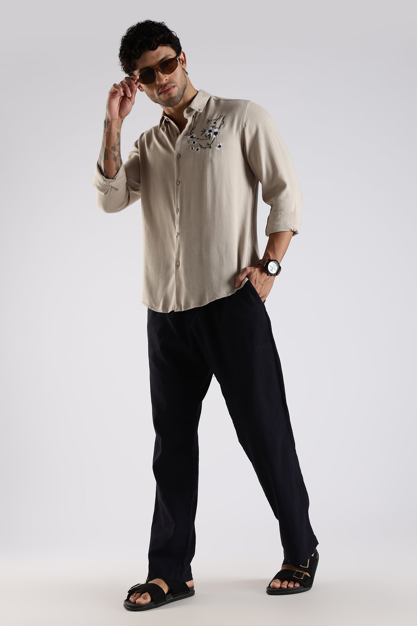 Regular Fit Embroidery Linen Blend Designer Light Beige Shirt
