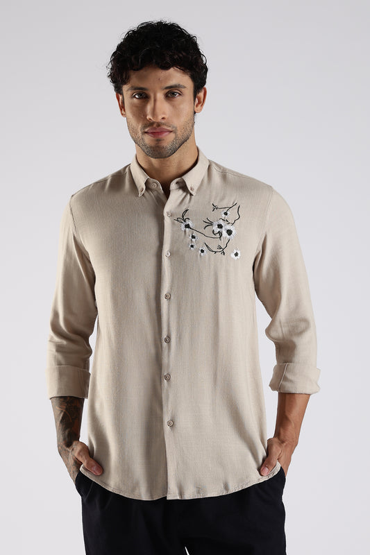 Regular Fit Embroidery Linen Blend Designer Light Beige Shirt