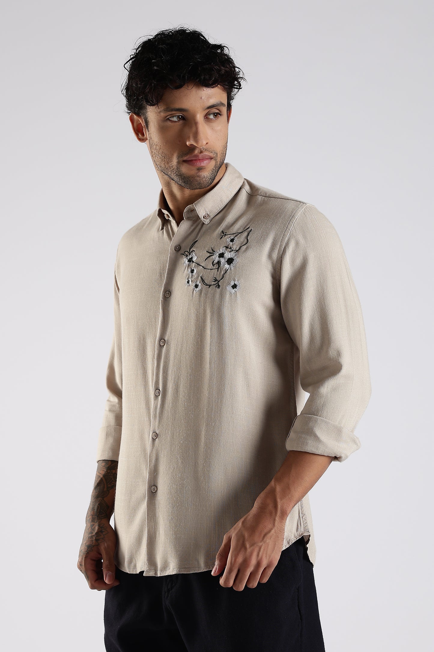 Regular Fit Embroidery Linen Blend Designer Light Beige Shirt