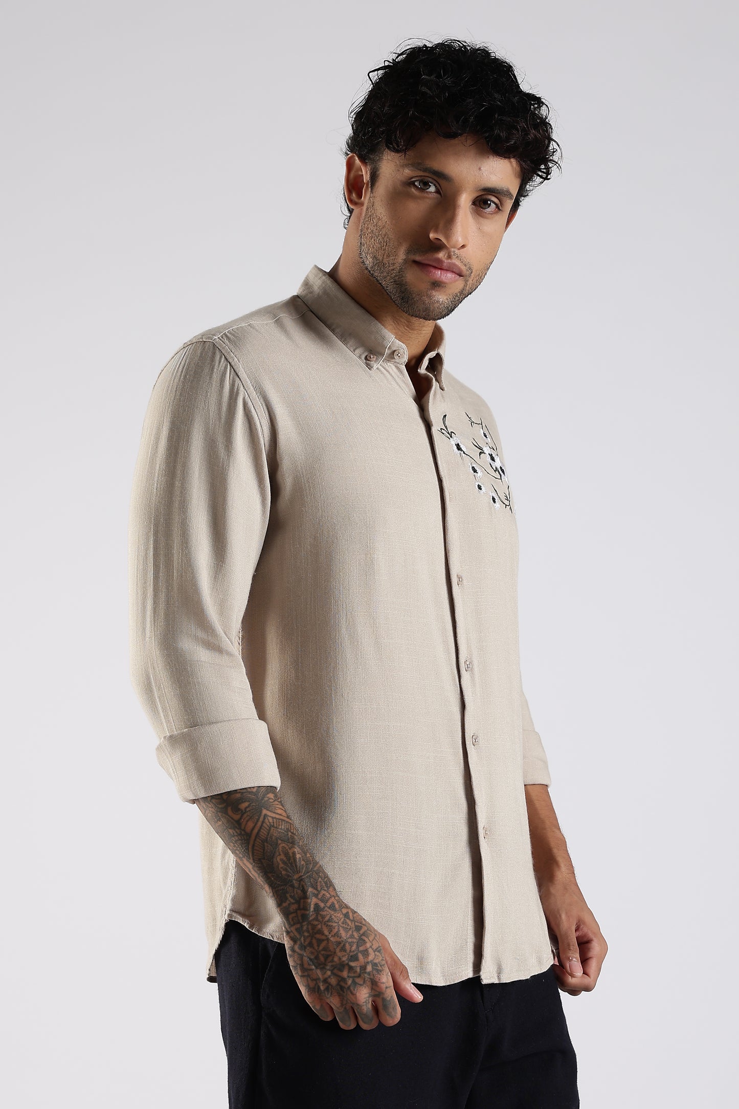 Regular Fit Embroidery Linen Blend Designer Light Beige Shirt