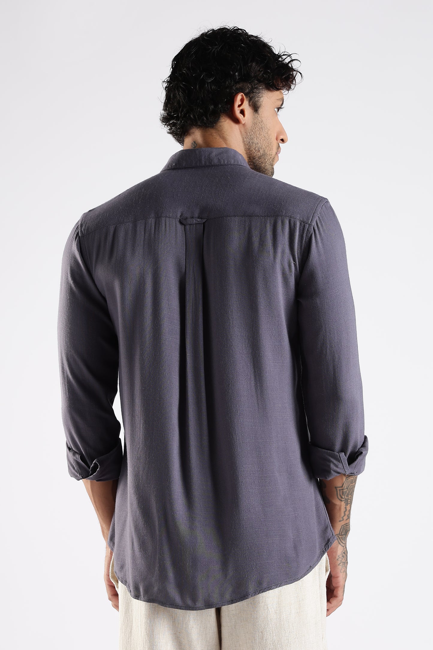 Regular Fit Embroidery Linen Blend Designer Gray Shirt