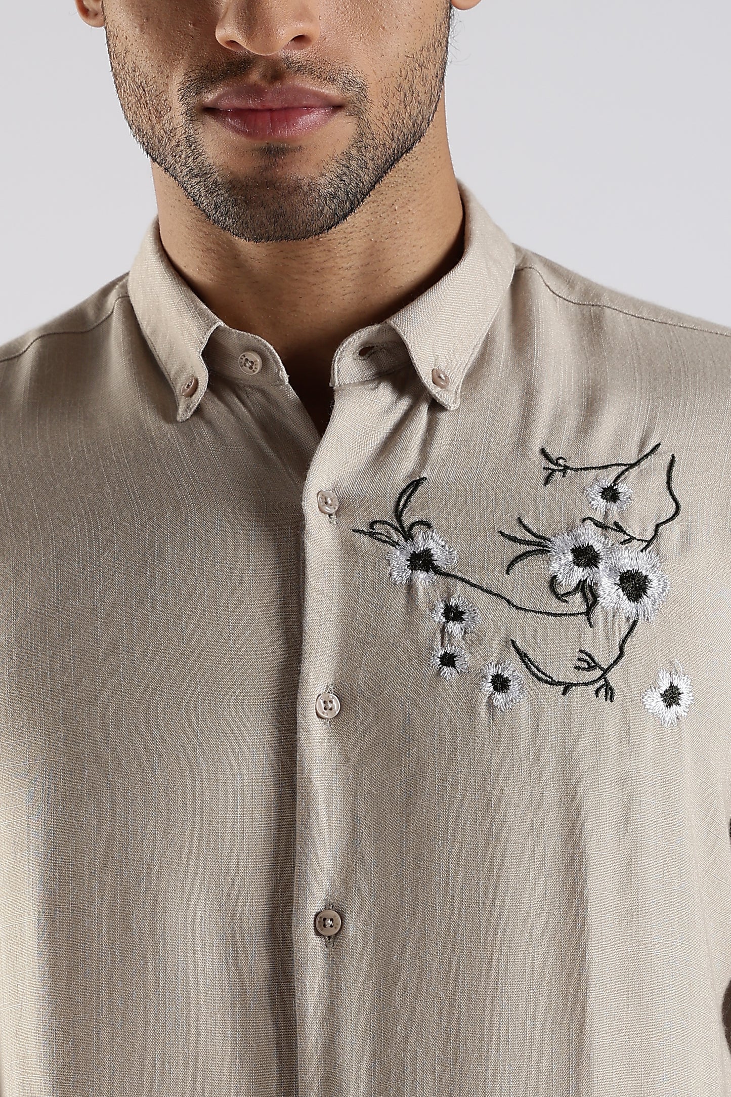 Regular Fit Embroidery Linen Blend Designer Light Beige Shirt