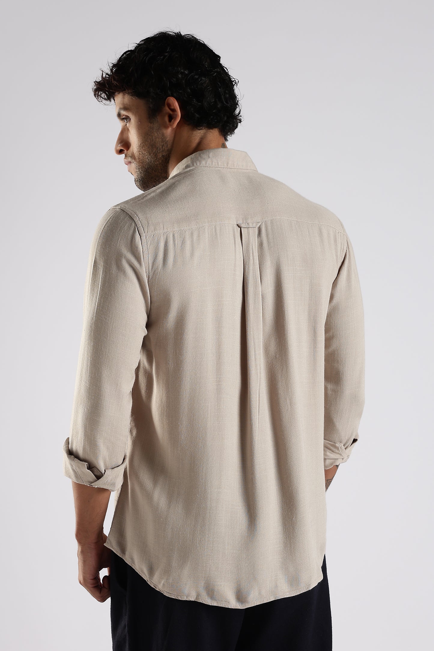 Regular Fit Embroidery Linen Blend Designer Light Beige Shirt