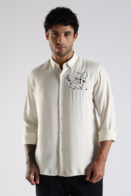 Regular Fit Embroidery Linen Blend Designer Cream Shirt