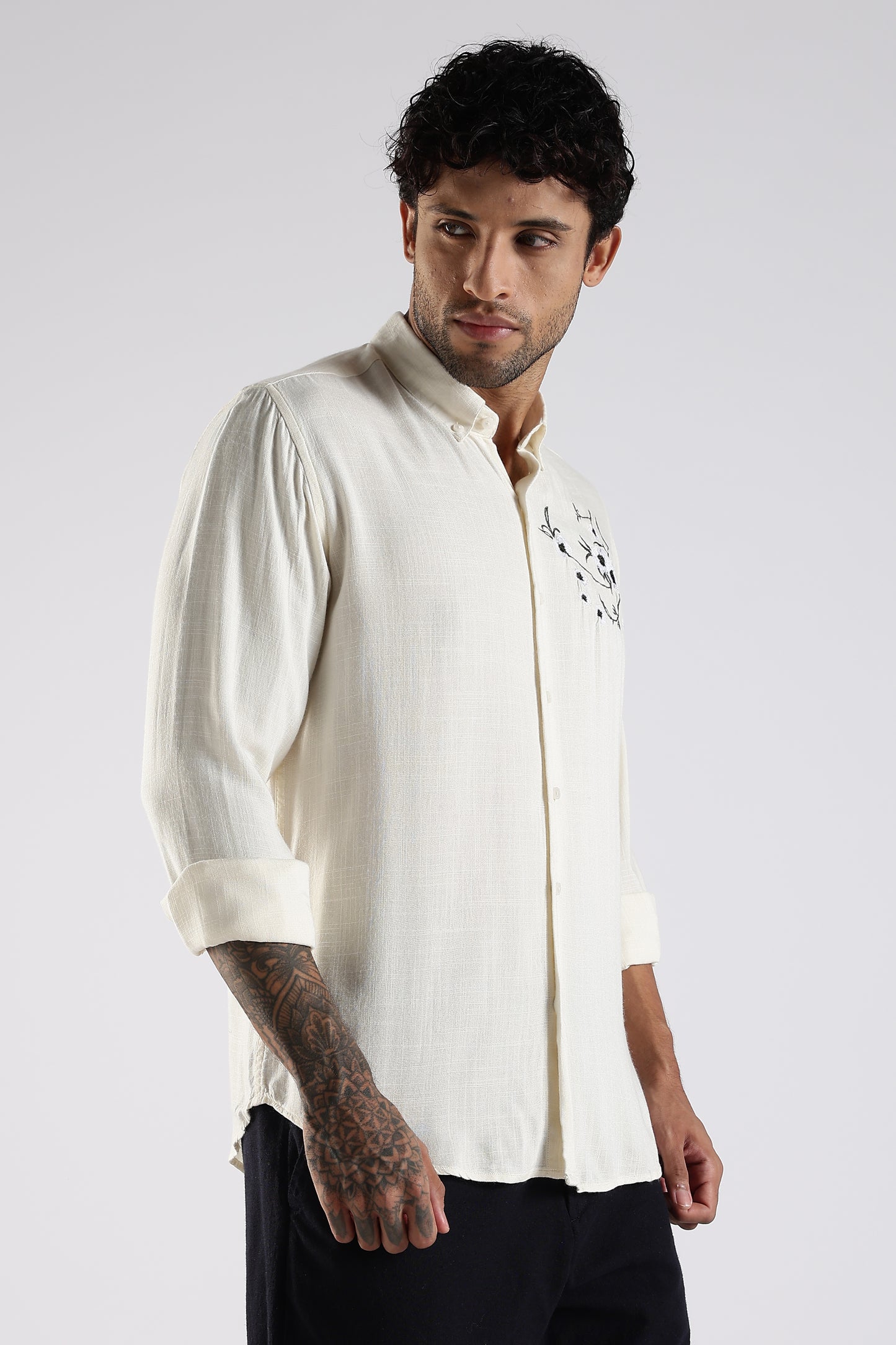 Regular Fit Embroidery Linen Blend Designer Cream Shirt