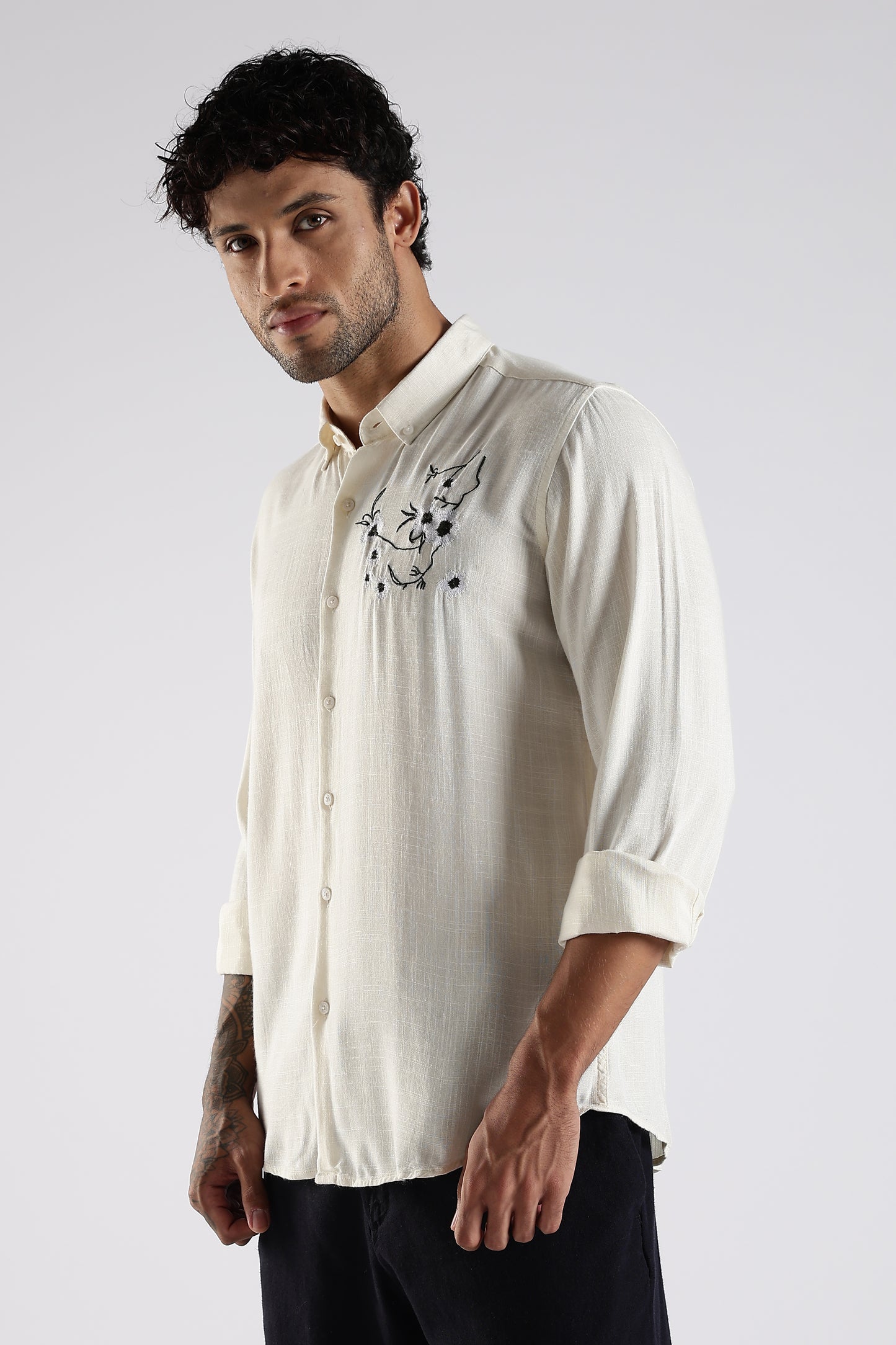 Regular Fit Embroidery Linen Blend Designer Cream Shirt